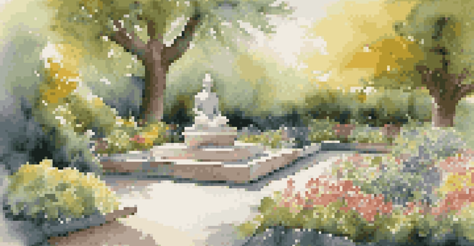 A peaceful garden filled with colorful flowers and a meditating sculpture, bathed in soft sunlight.