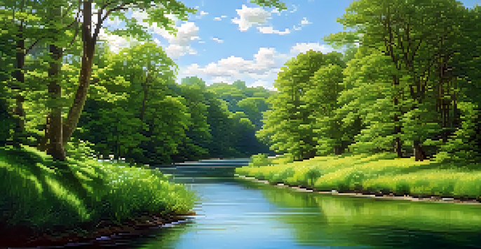 A peaceful river scene with green trees and flowers, sunlight filtering through the leaves.