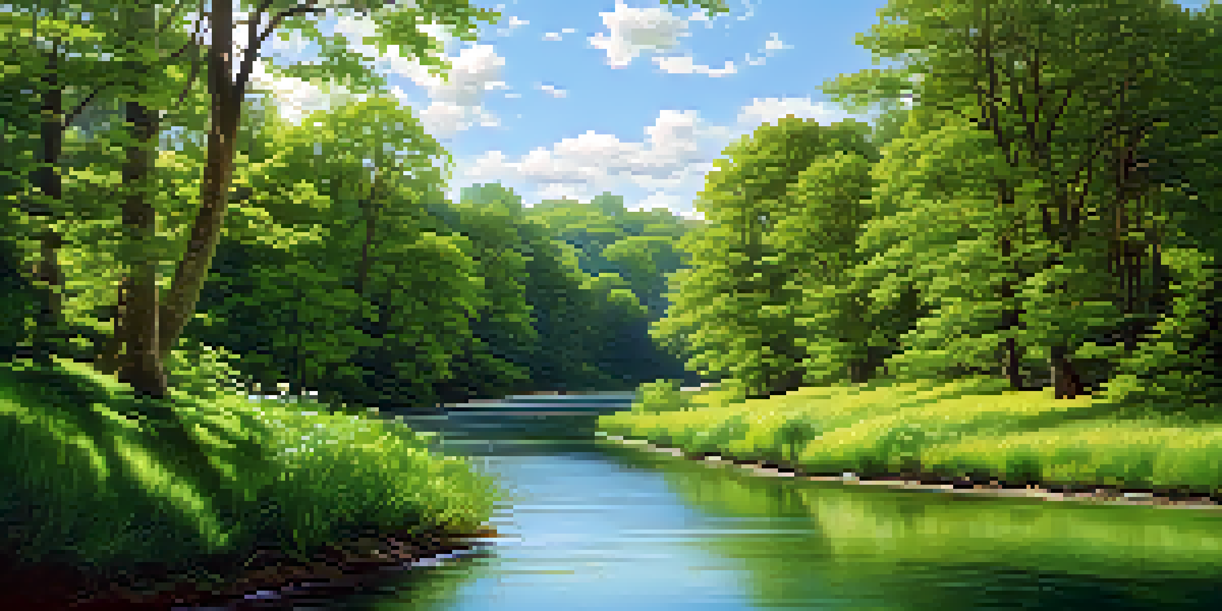 A peaceful river scene with green trees and flowers, sunlight filtering through the leaves.
