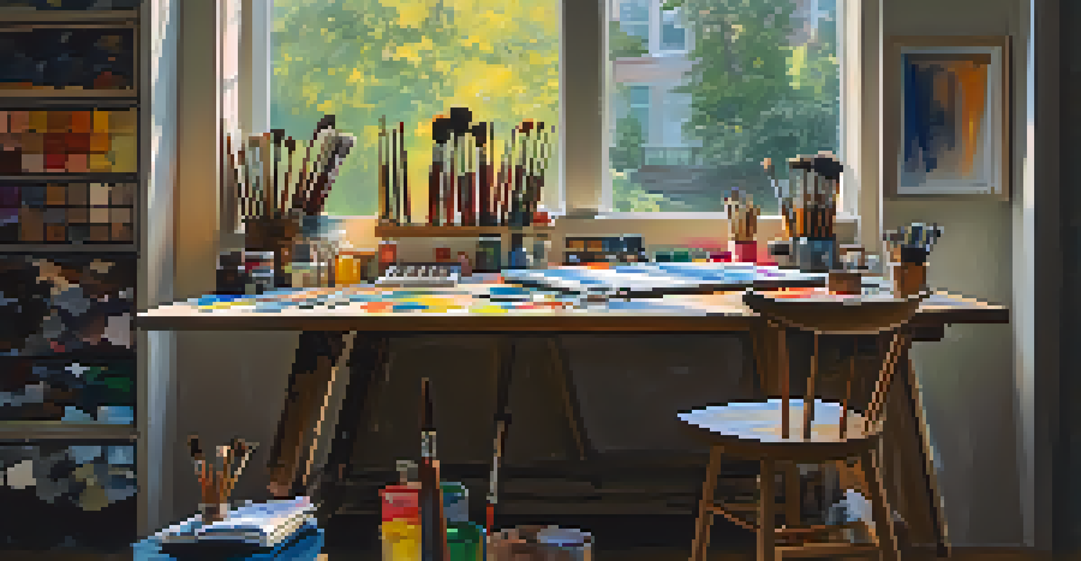 An artist's workspace with a colorful palette, brushes, and a canvas, illuminated by bright light from a window.