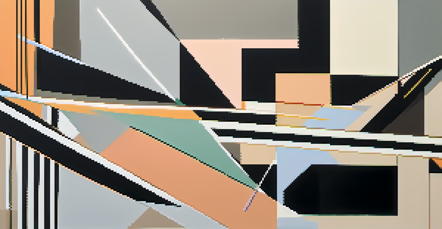 Black lines intersecting with soft pastel shapes, creating a dynamic and calming abstract art piece that illustrates contrast and harmony.