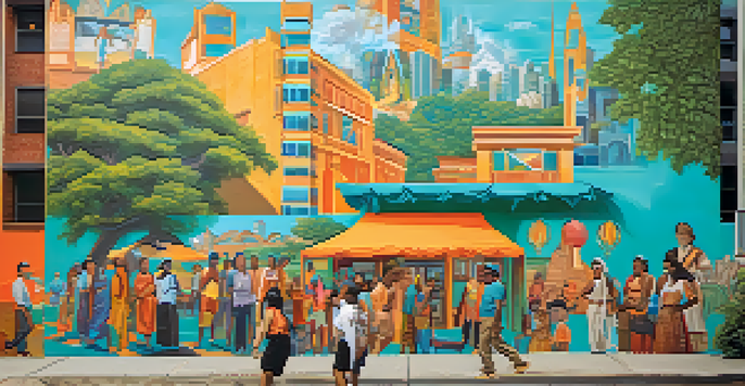 A colorful mural depicting diverse cultural symbols and historical figures in an urban setting, with people engaged in community activities.