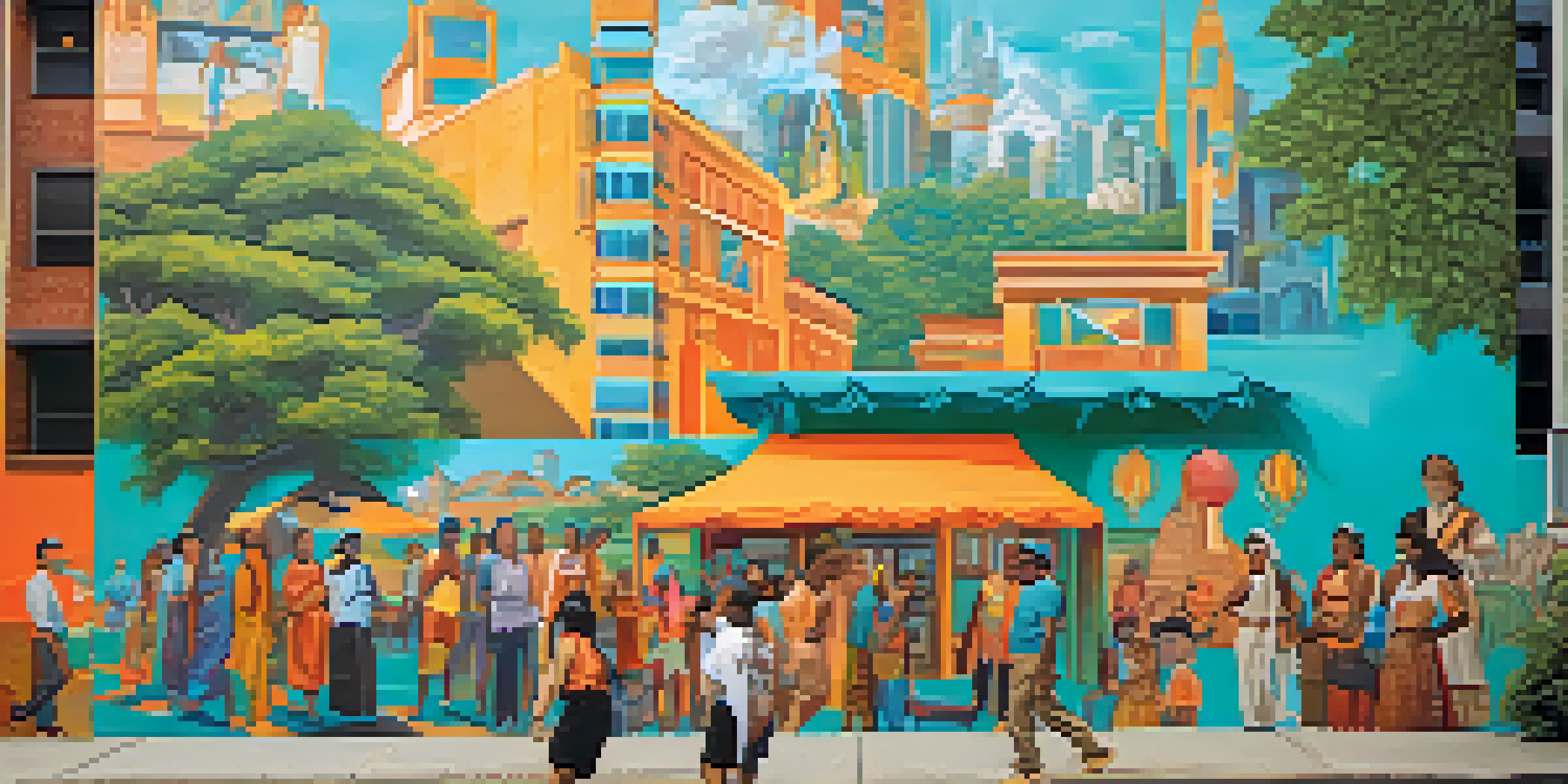 A colorful mural depicting diverse cultural symbols and historical figures in an urban setting, with people engaged in community activities.