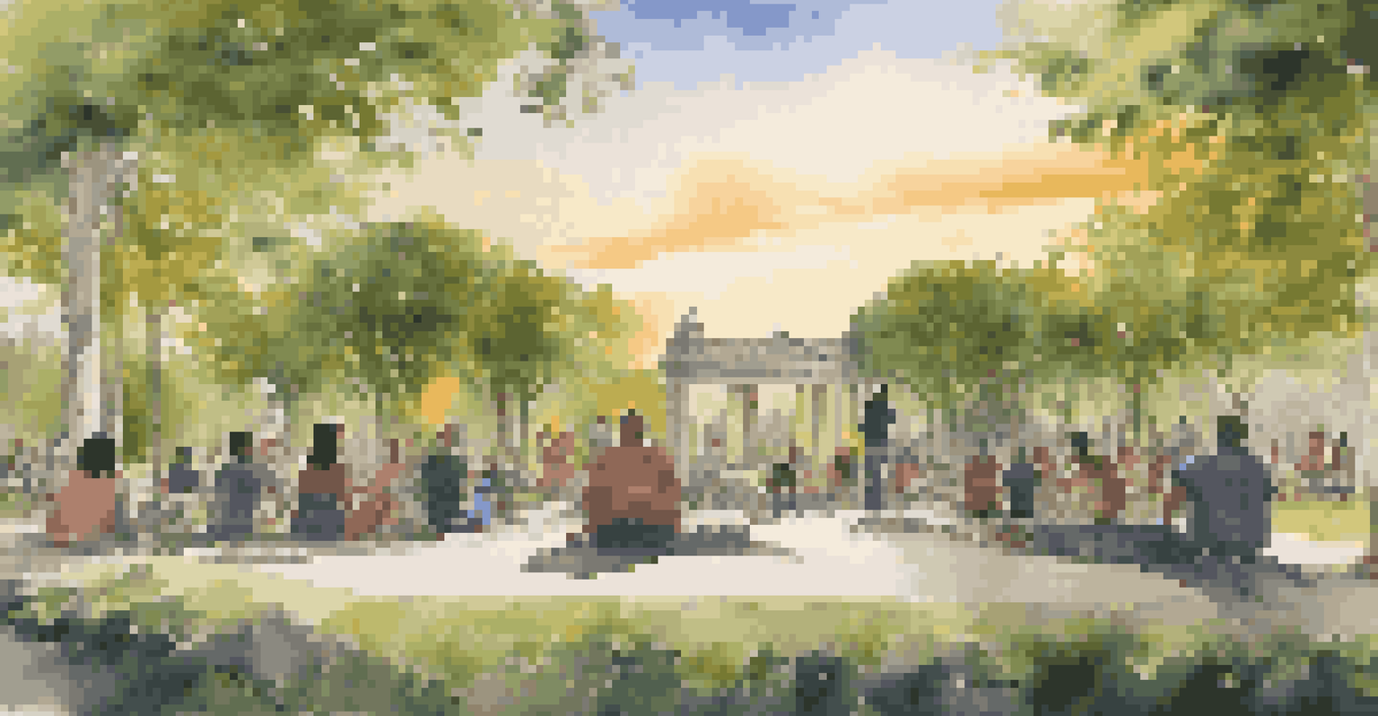 An outdoor art installation made of recycled materials symbolizing unity, with people discussing the artwork in a green space at sunset.