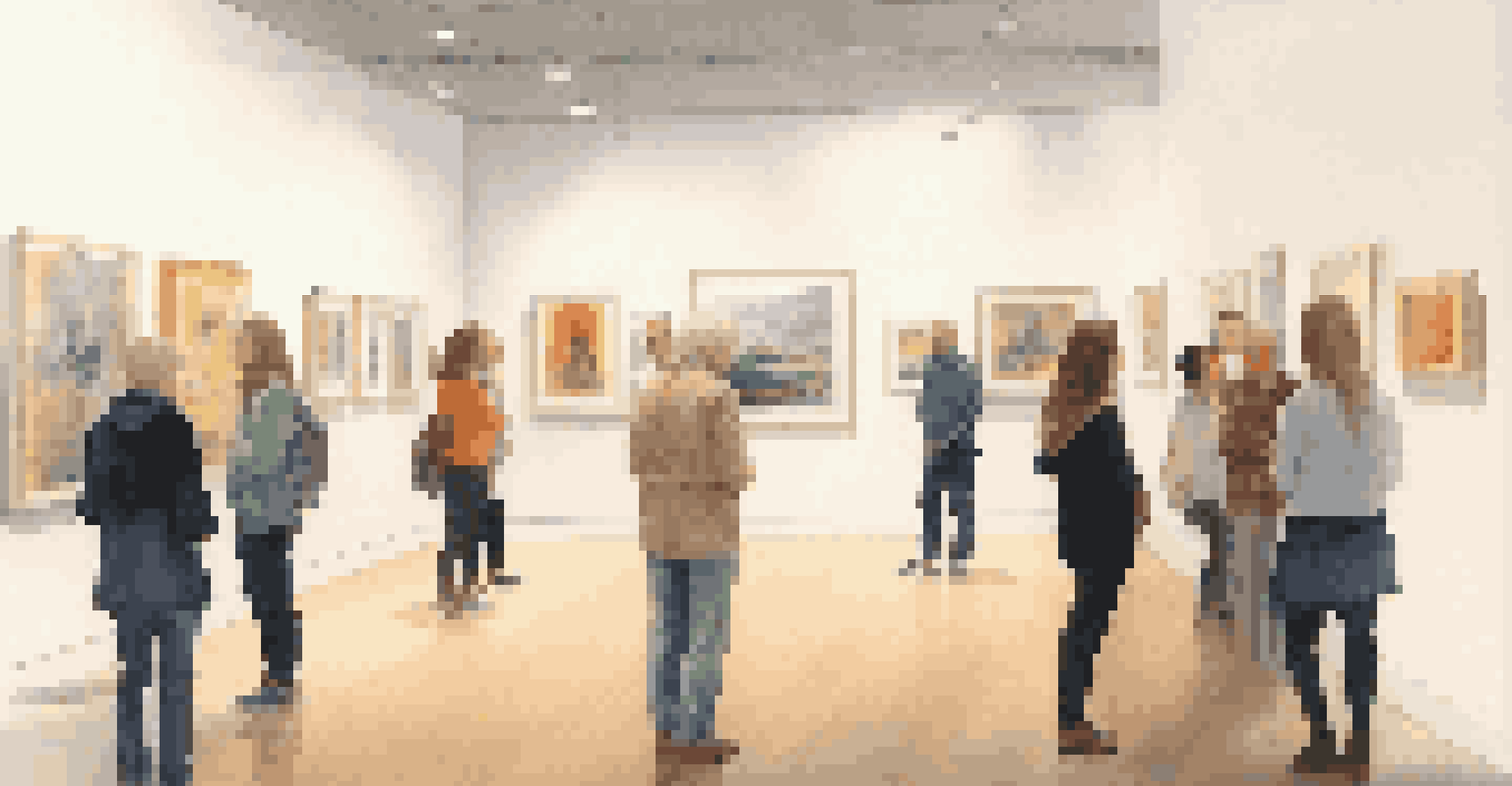 An art gallery exhibition with visitors discussing emotional artworks displayed on the walls.
