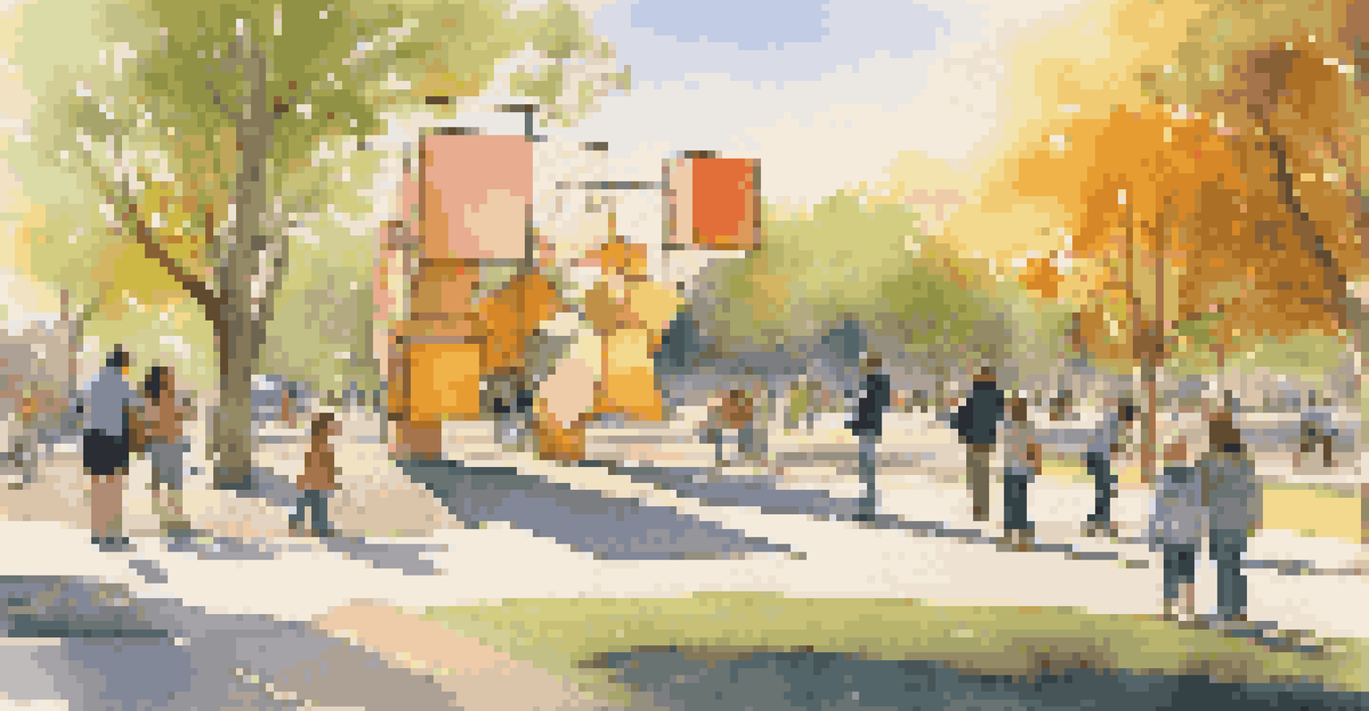 An interactive public art installation in a park where families are exploring and engaging with the sculptures.