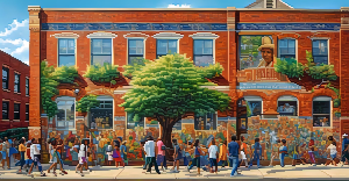A colorful mural depicting local history and culture on a brick wall, with people and greenery around.