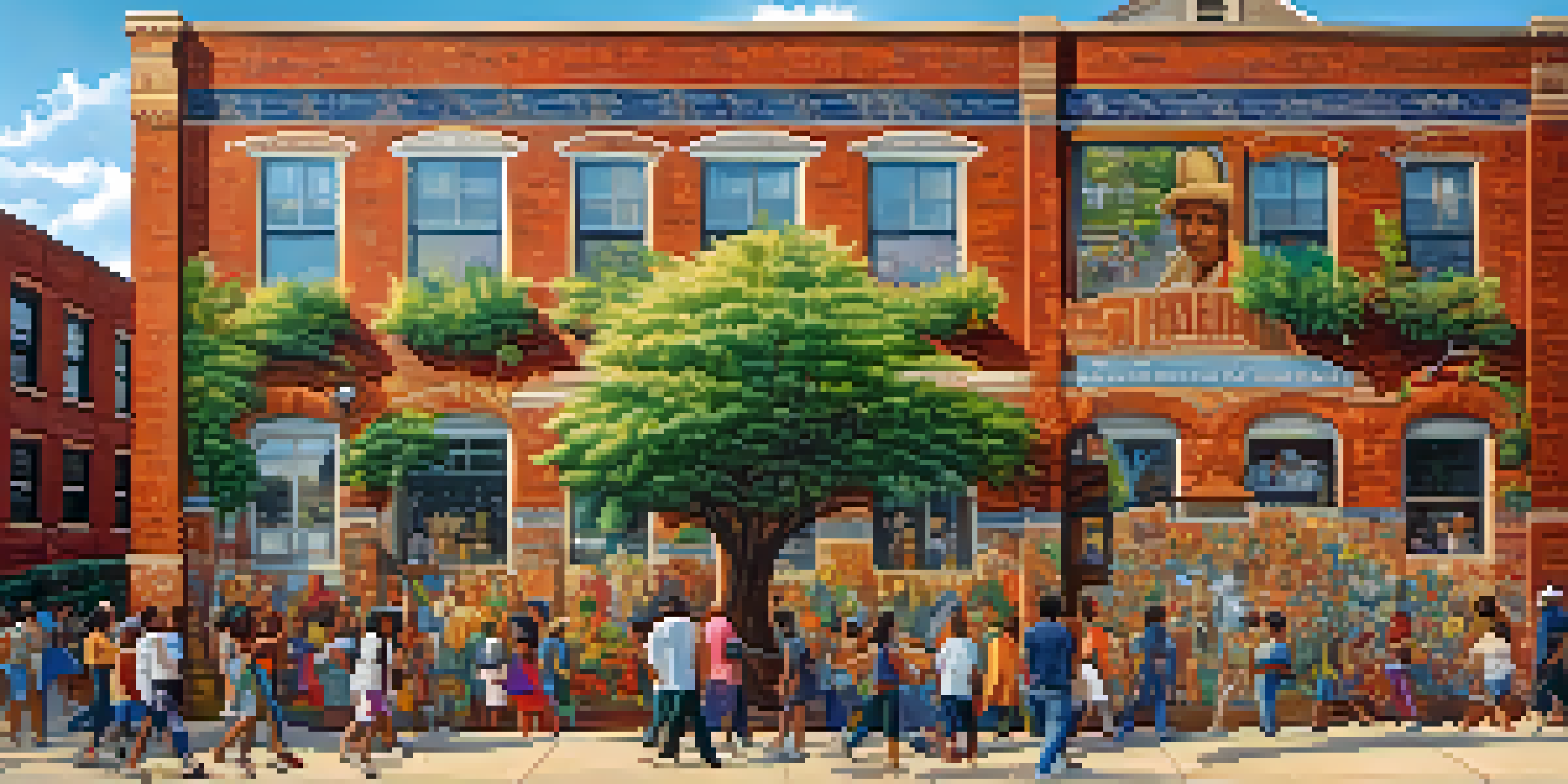 A colorful mural depicting local history and culture on a brick wall, with people and greenery around.