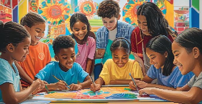 A diverse group of students working together on a colorful mural in a classroom, showcasing various cultural elements.