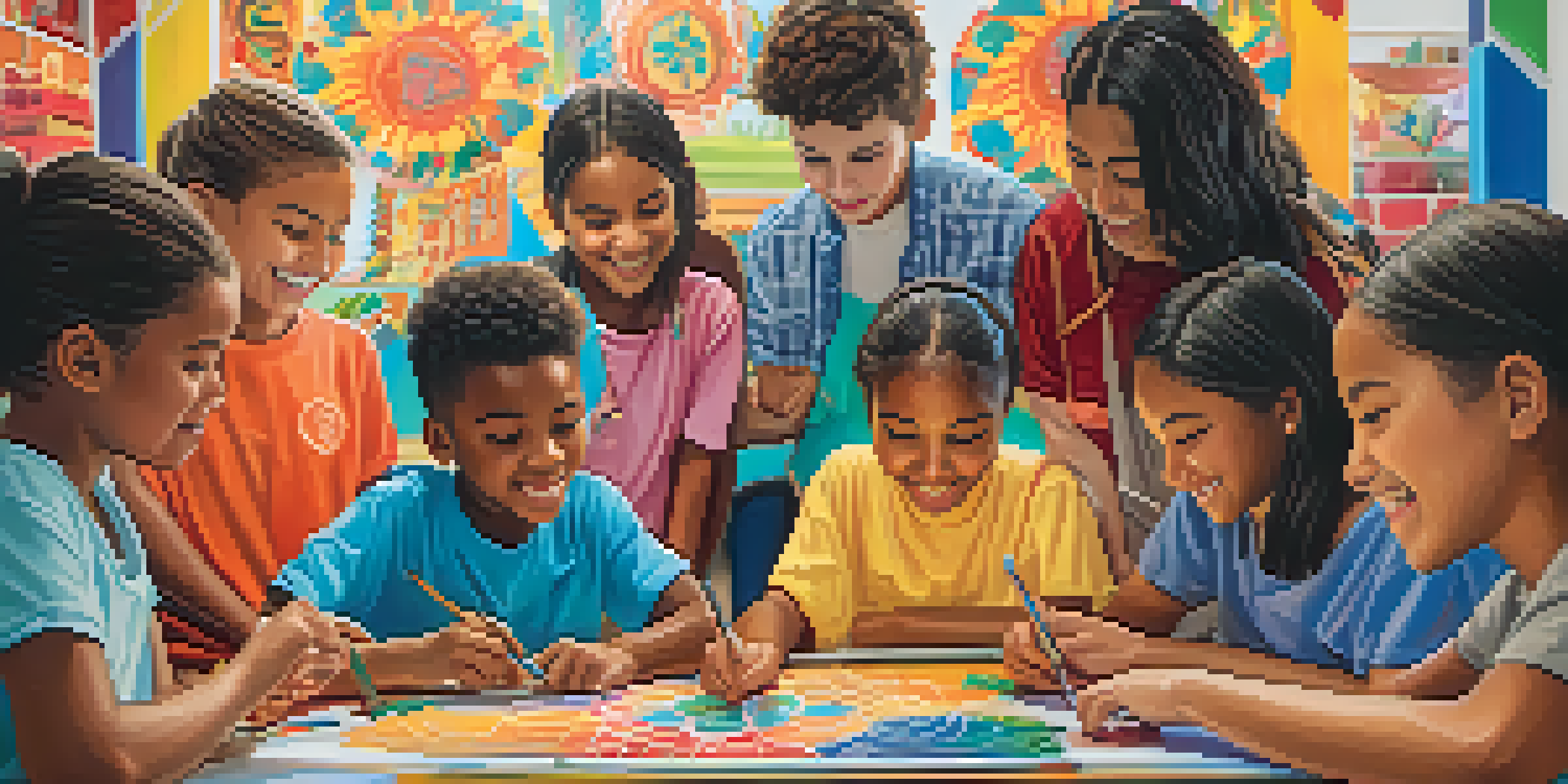 A diverse group of students working together on a colorful mural in a classroom, showcasing various cultural elements.