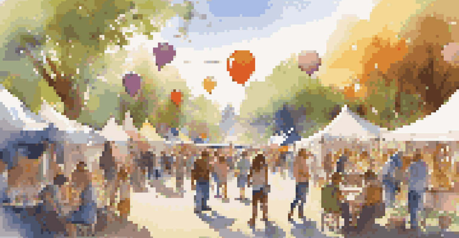 A bustling art festival with people painting and crafting in a park, surrounded by colorful tents and balloons, all under warm sunlight.