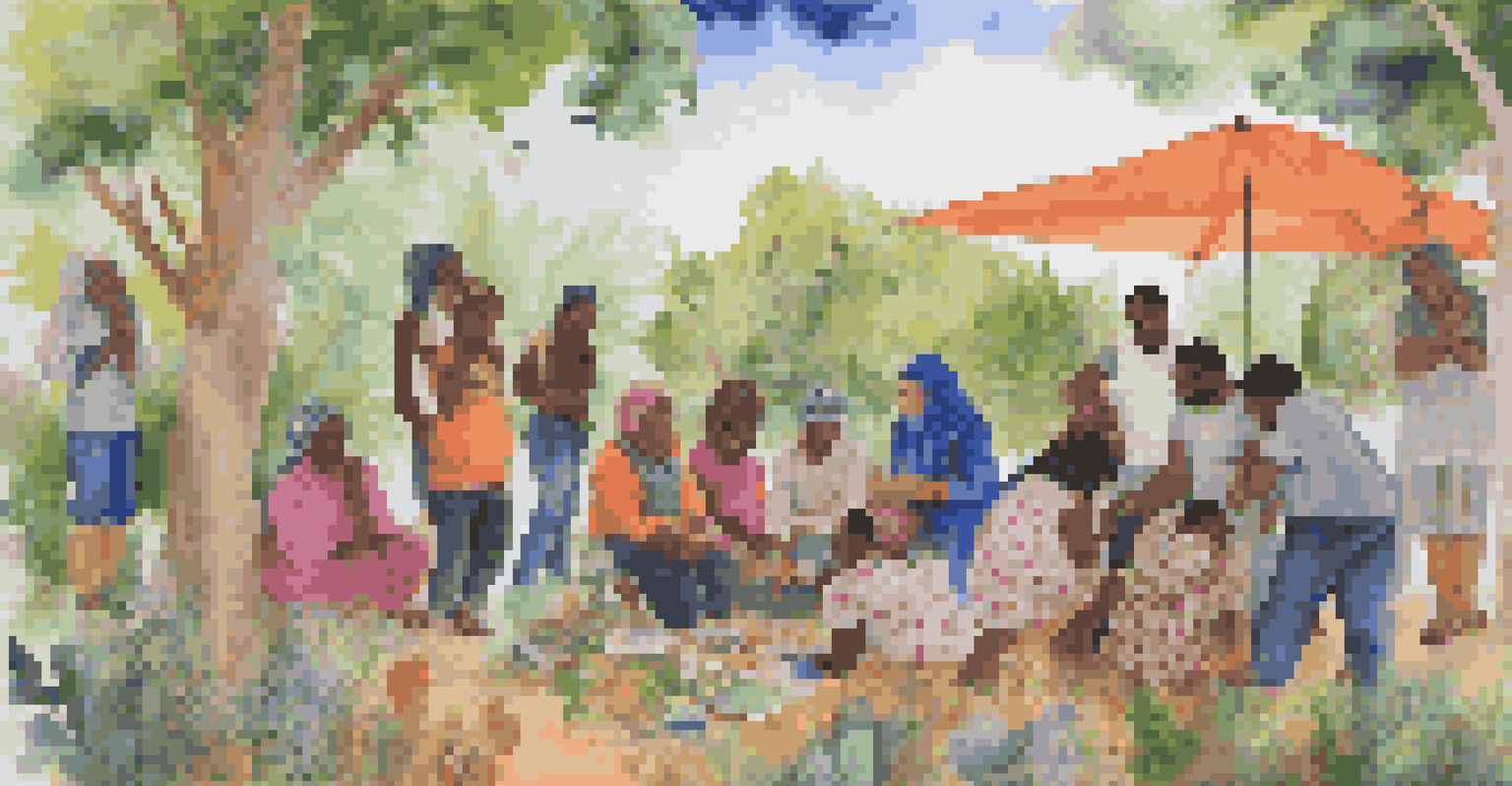 A group of refugees collaborating on a colorful outdoor art piece, symbolizing community and shared stories.