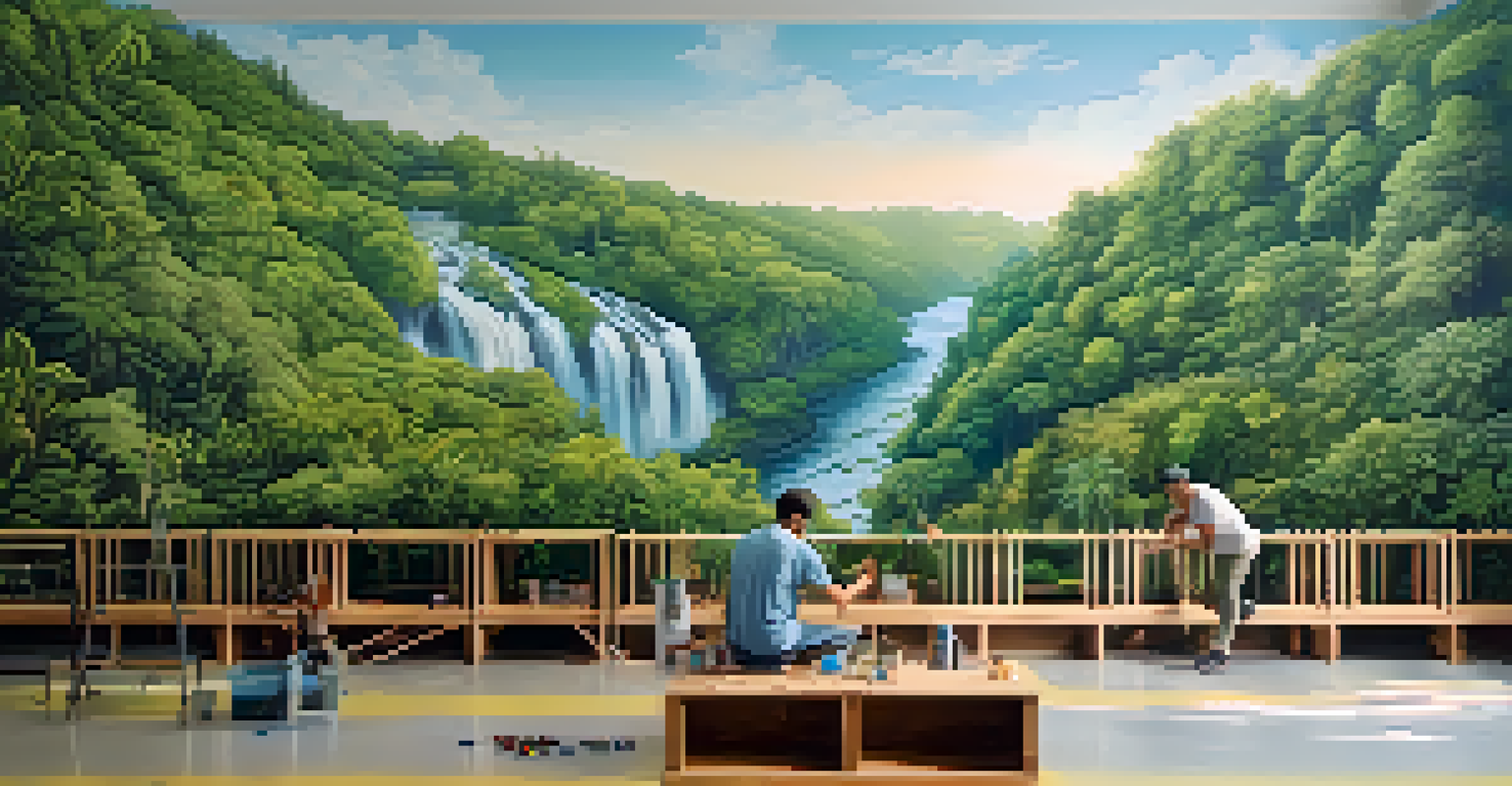 An artist painting a mural on a wall about climate change, surrounded by lush greenery and soft natural light.