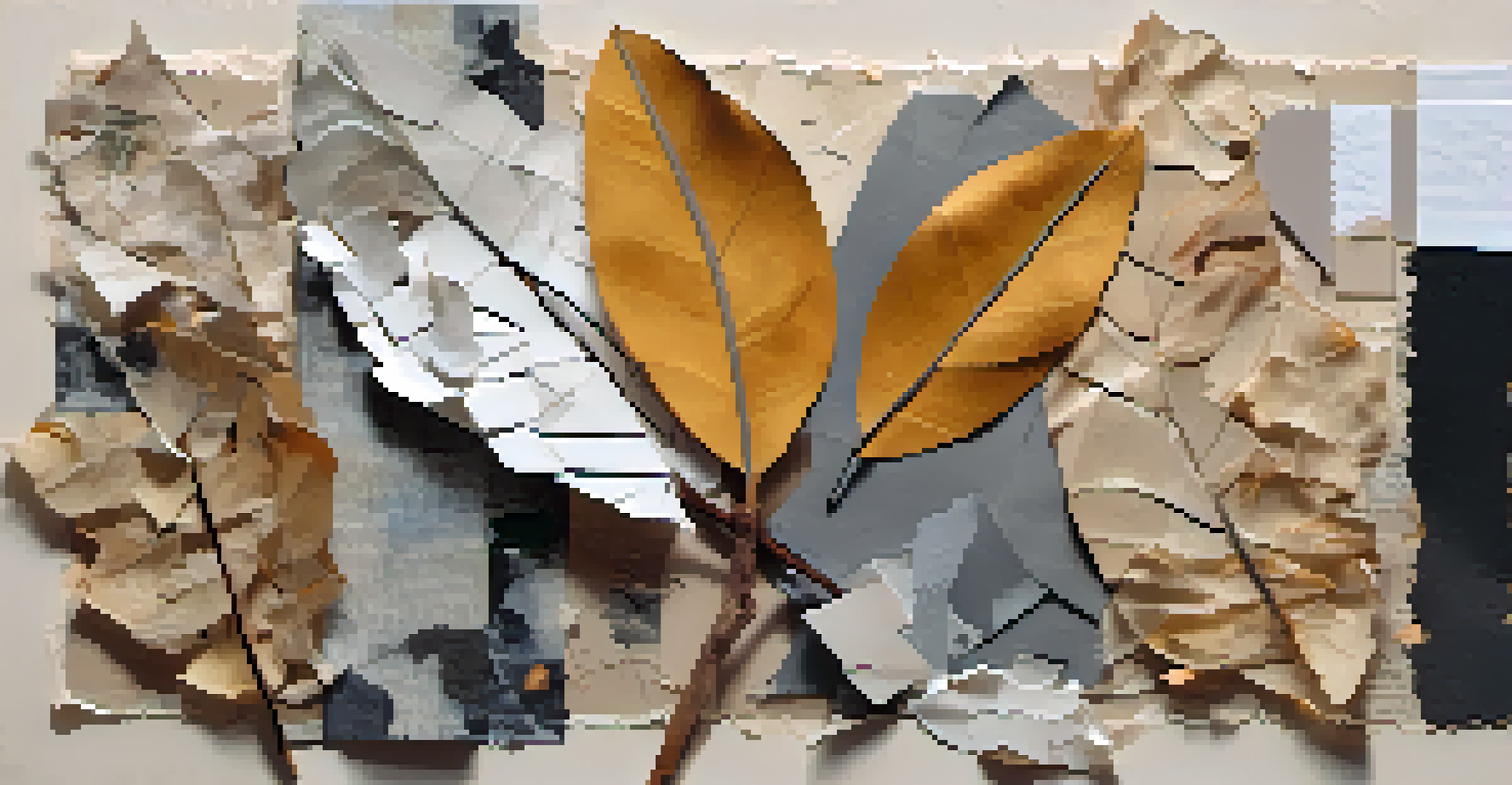 An abstract collage made of magazine pages, fabric, and natural elements, showcasing a variety of textures and colors.