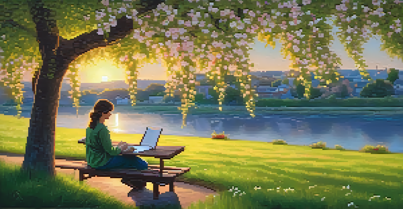 A person writing in a notebook on a bench under a cherry tree, with a sunset glow and colorful flowers around.