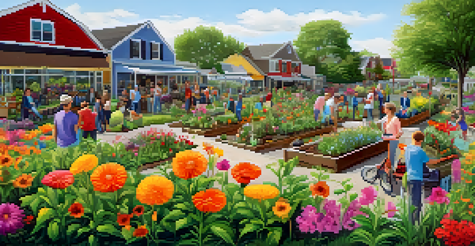 A community garden with art installations where neighbors are planting flowers and painting murals together.