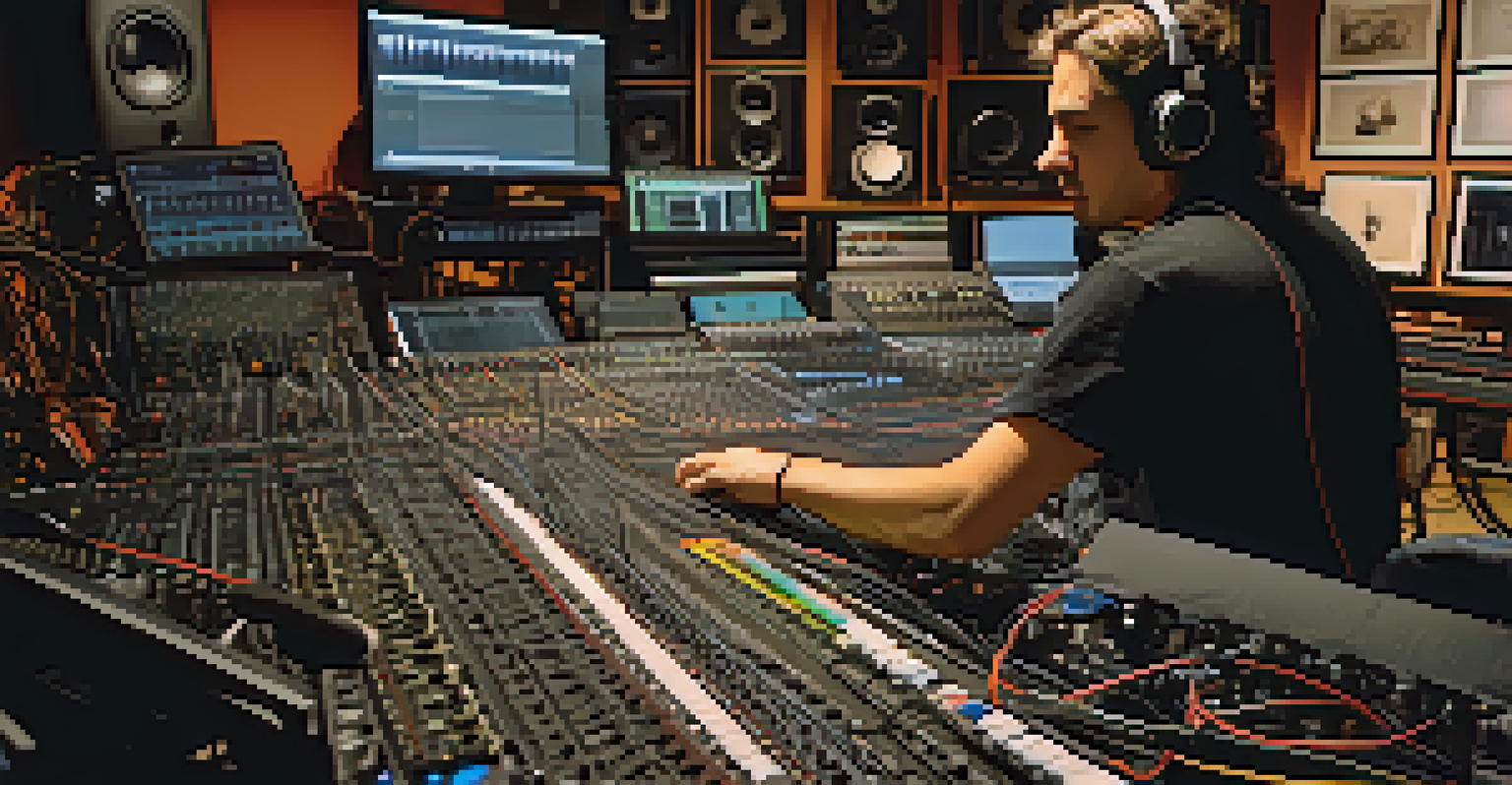 A sound artist adjusting equipment in a studio filled with recording devices and monitors.