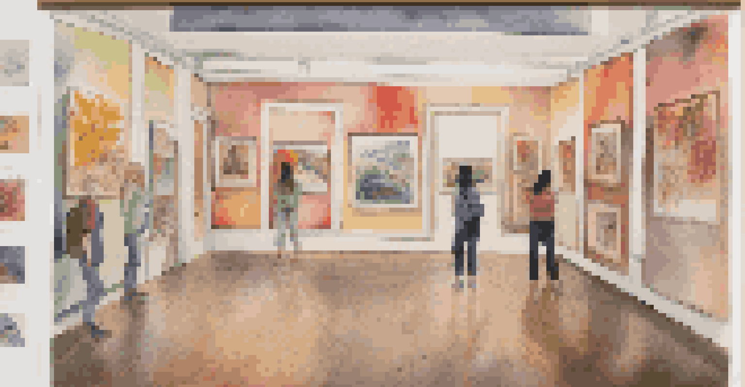A digital art gallery displaying diverse student artwork with labels, illuminated by soft lighting in an elegant setting.