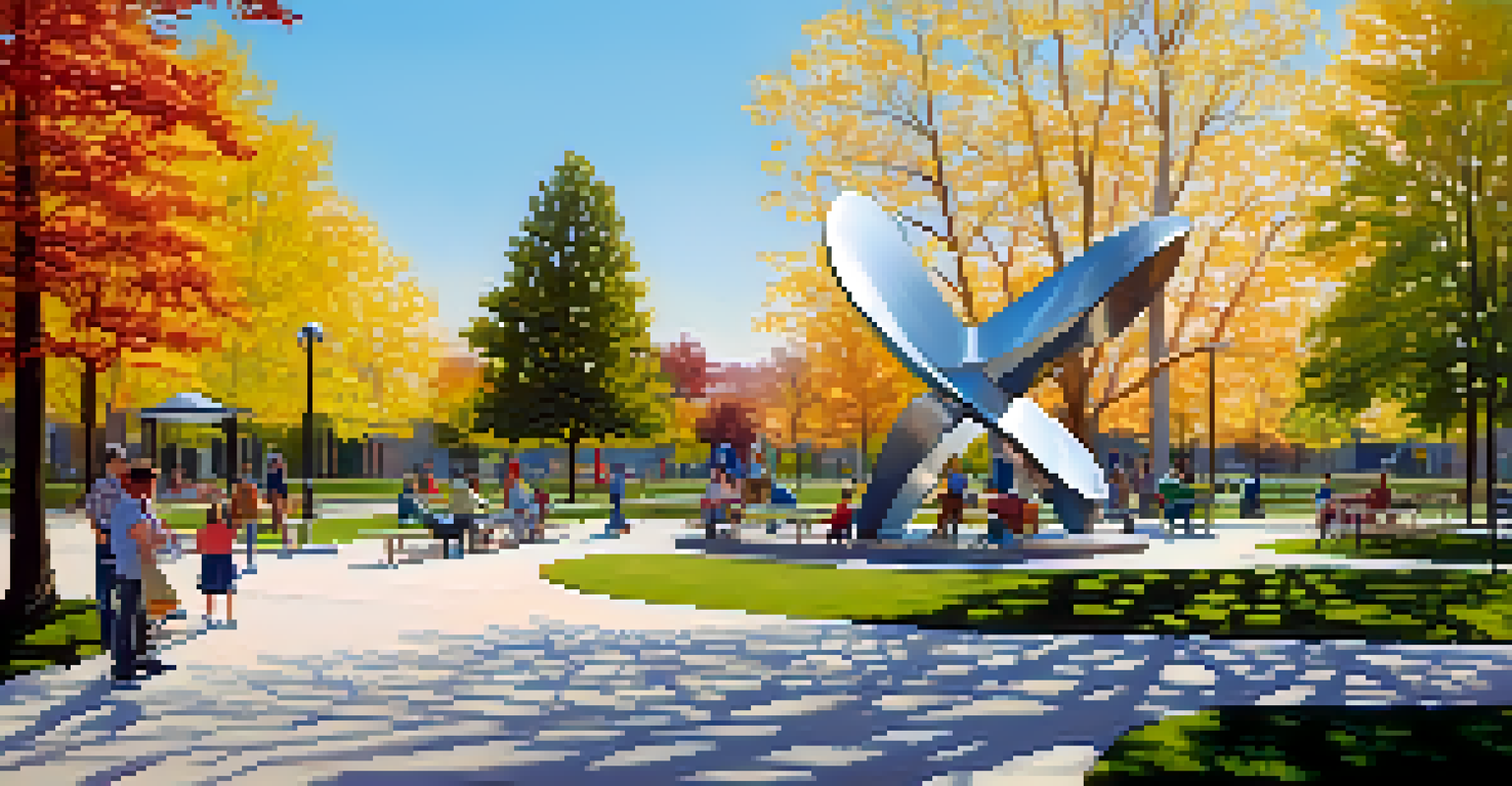 A public park with a modern sculpture, families picnicking, and children playing, surrounded by blooming flowers and bright benches.
