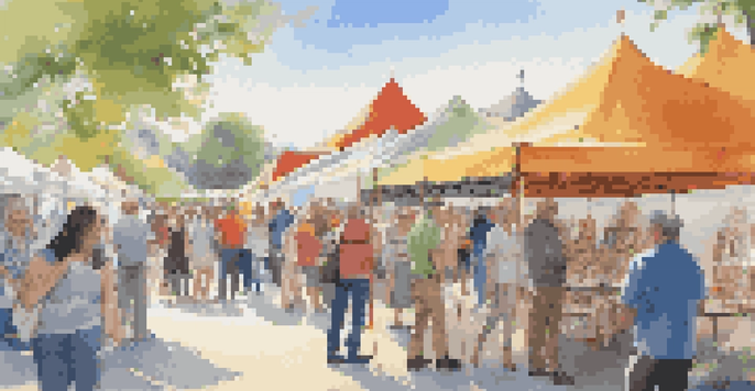 An outdoor art fair with colorful tents and people discussing artworks under a sunny sky.