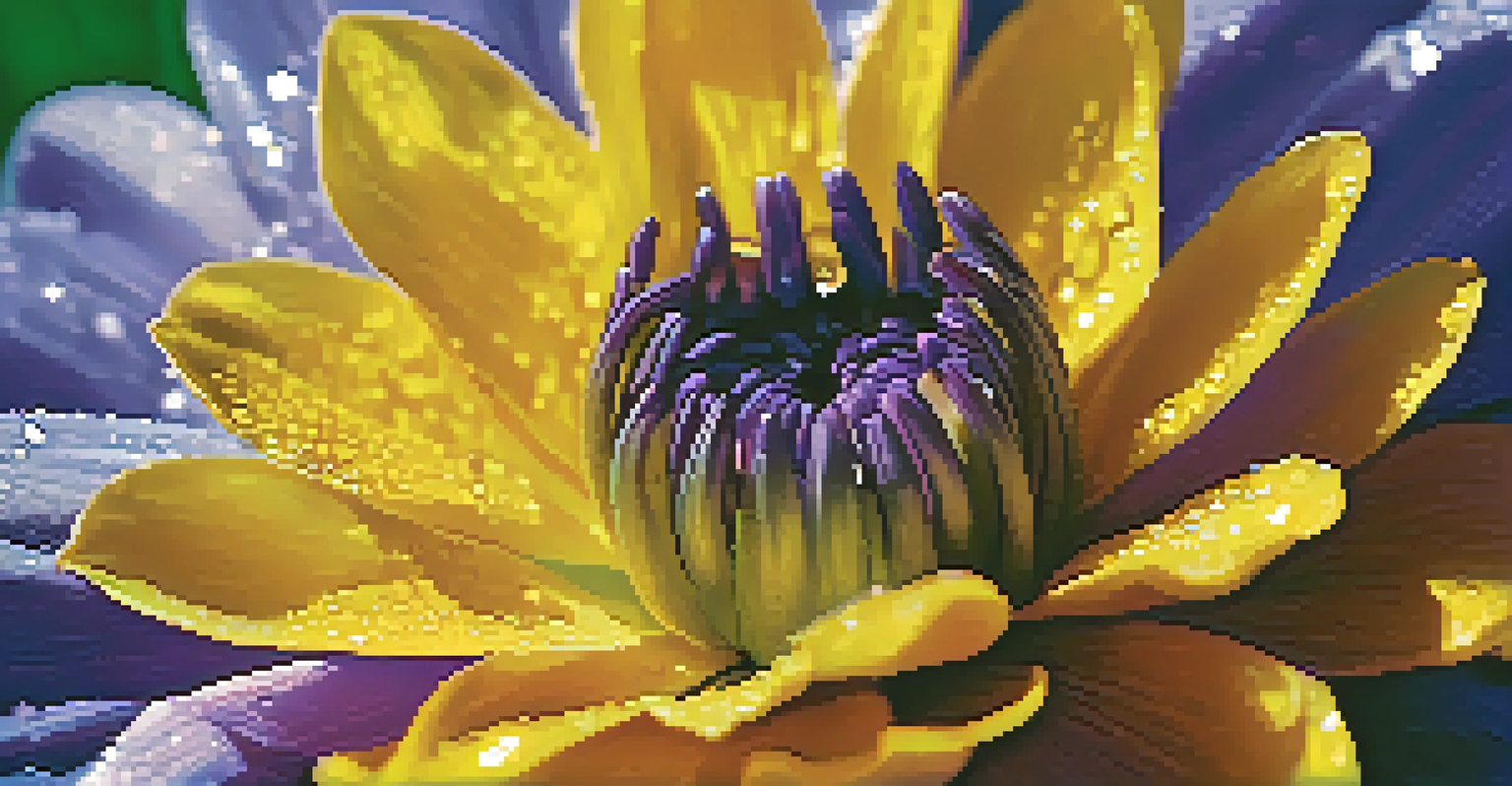 A close-up of a blue and violet blooming flower with dew drops glistening on its petals.