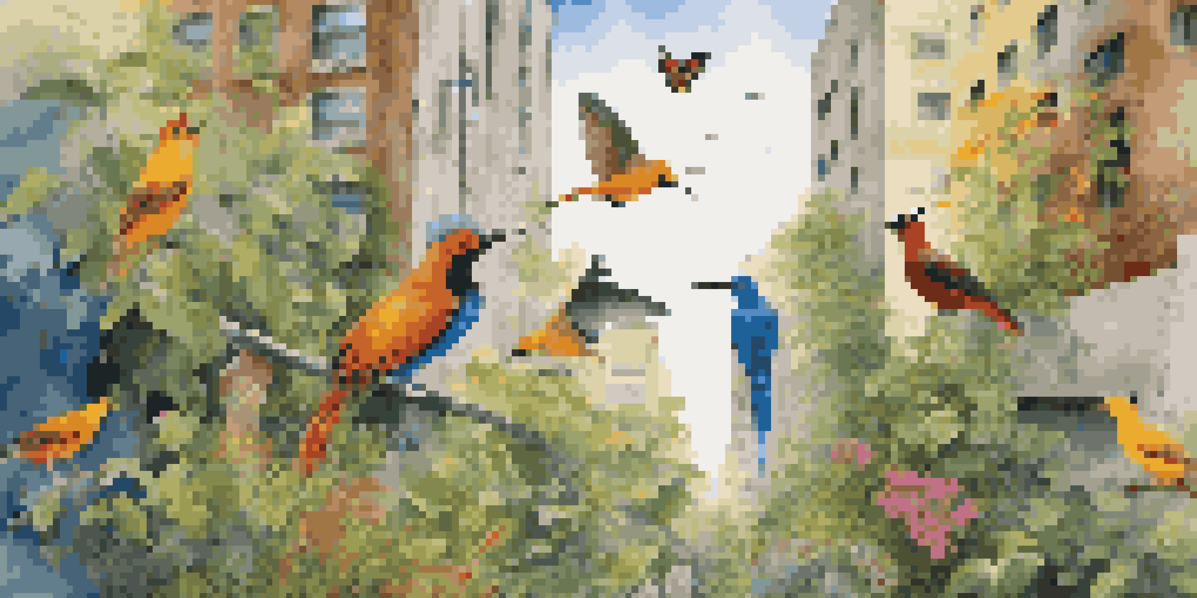 A colorful mural of local wildlife on a concrete wall, featuring birds, butterflies, and flowers, surrounded by greenery, with morning sunlight casting soft shadows.