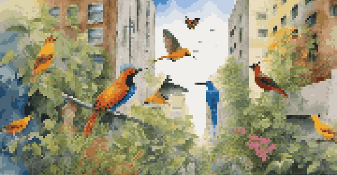 A colorful mural of local wildlife on a concrete wall, featuring birds, butterflies, and flowers, surrounded by greenery, with morning sunlight casting soft shadows.