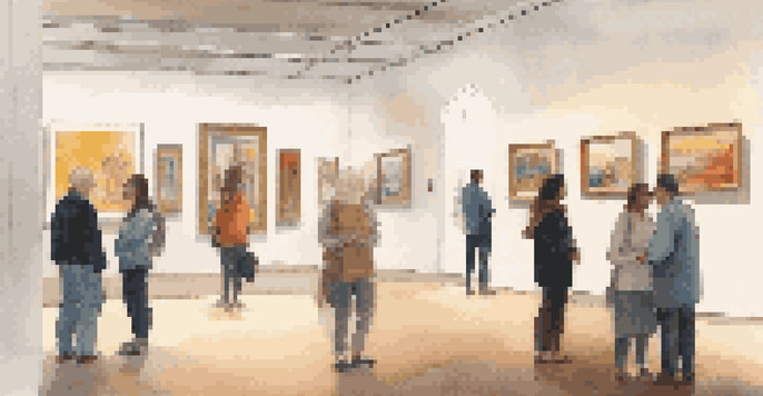 A tranquil art exhibition with visitors discussing diverse artworks under warm lighting.