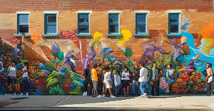 A colorful street art mural featuring diverse individuals celebrating culture on a brick wall, surrounded by urban elements and natural greenery.