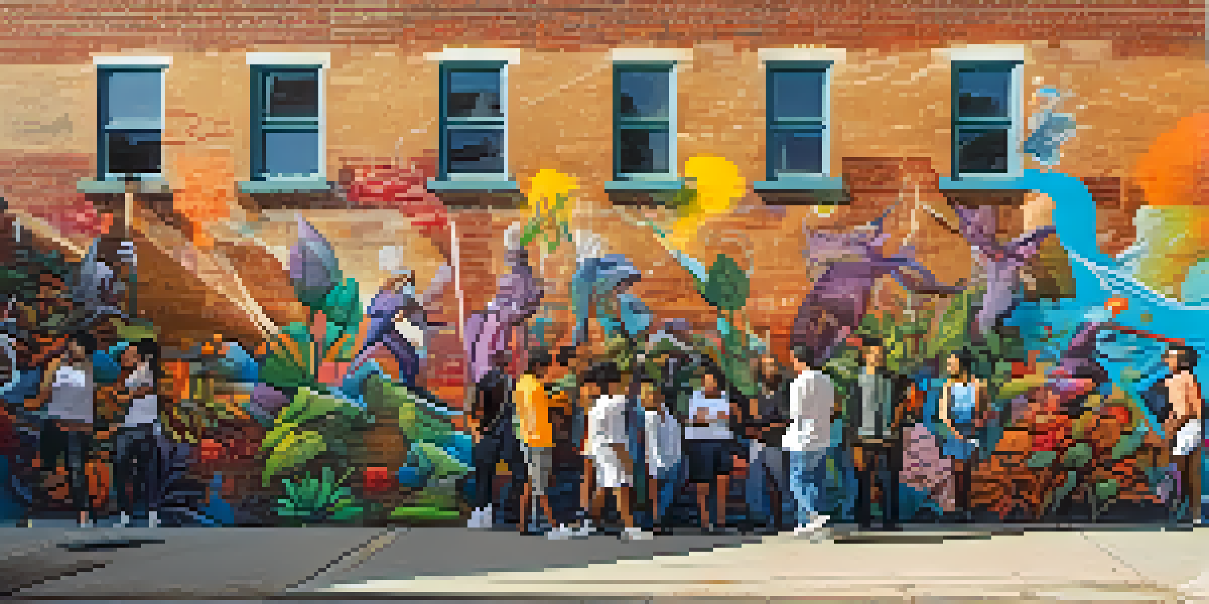 A colorful street art mural featuring diverse individuals celebrating culture on a brick wall, surrounded by urban elements and natural greenery.