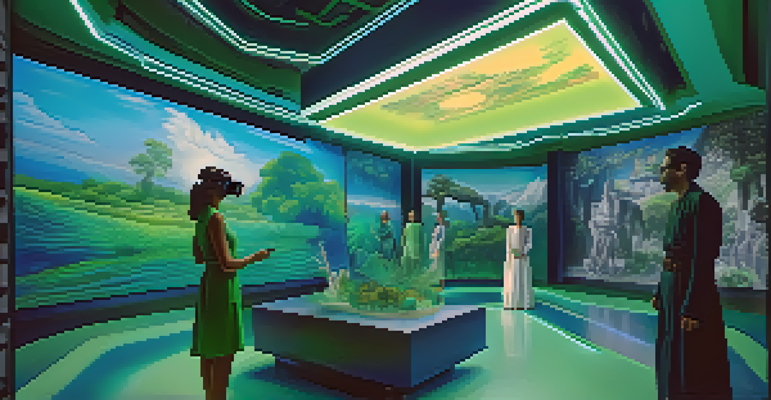 A futuristic digital art scene depicting historical figures in a virtual reality setting, with vibrant colors and interactive elements.