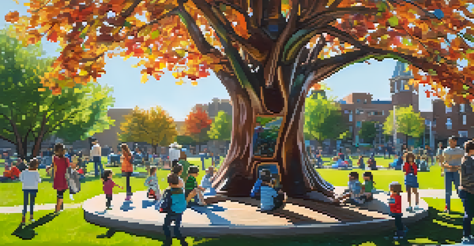 An interactive sculpture of a tree made from recycled materials in a lively community park.