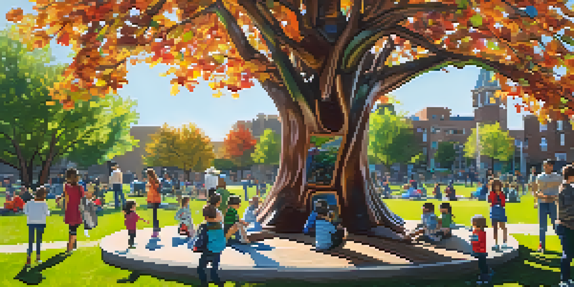 An interactive sculpture of a tree made from recycled materials in a lively community park.