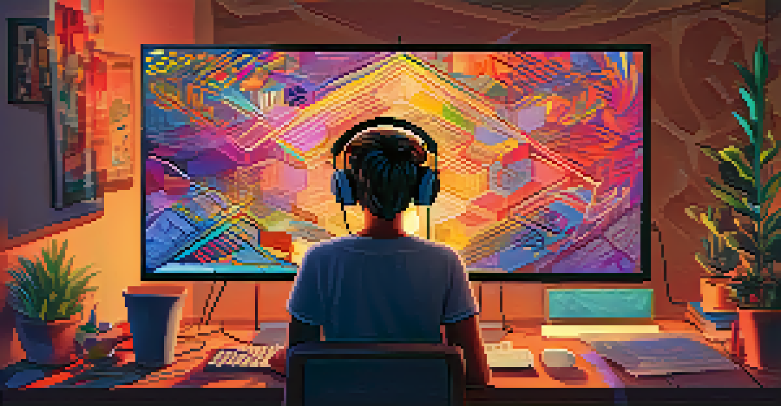 A digital artist deeply focused on their computer screen, creating vibrant abstract art that represents their mental health journey in a cozy room.