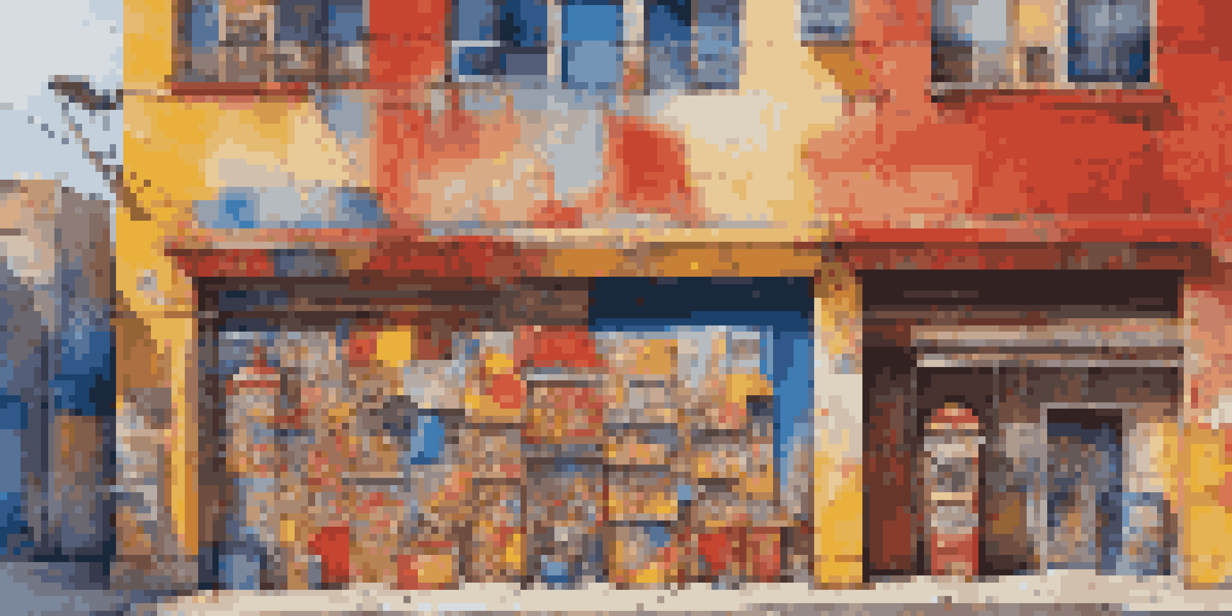 A colorful street art mural showcasing abstract shapes and consumer products on a rustic urban wall, with soft sunlight illuminating the details.