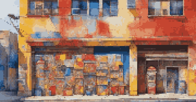 A colorful street art mural showcasing abstract shapes and consumer products on a rustic urban wall, with soft sunlight illuminating the details.