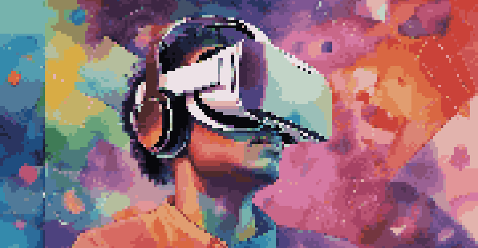 A person experiencing virtual reality art, surrounded by colorful geometric shapes and digital artwork, showcasing a deep emotional connection.