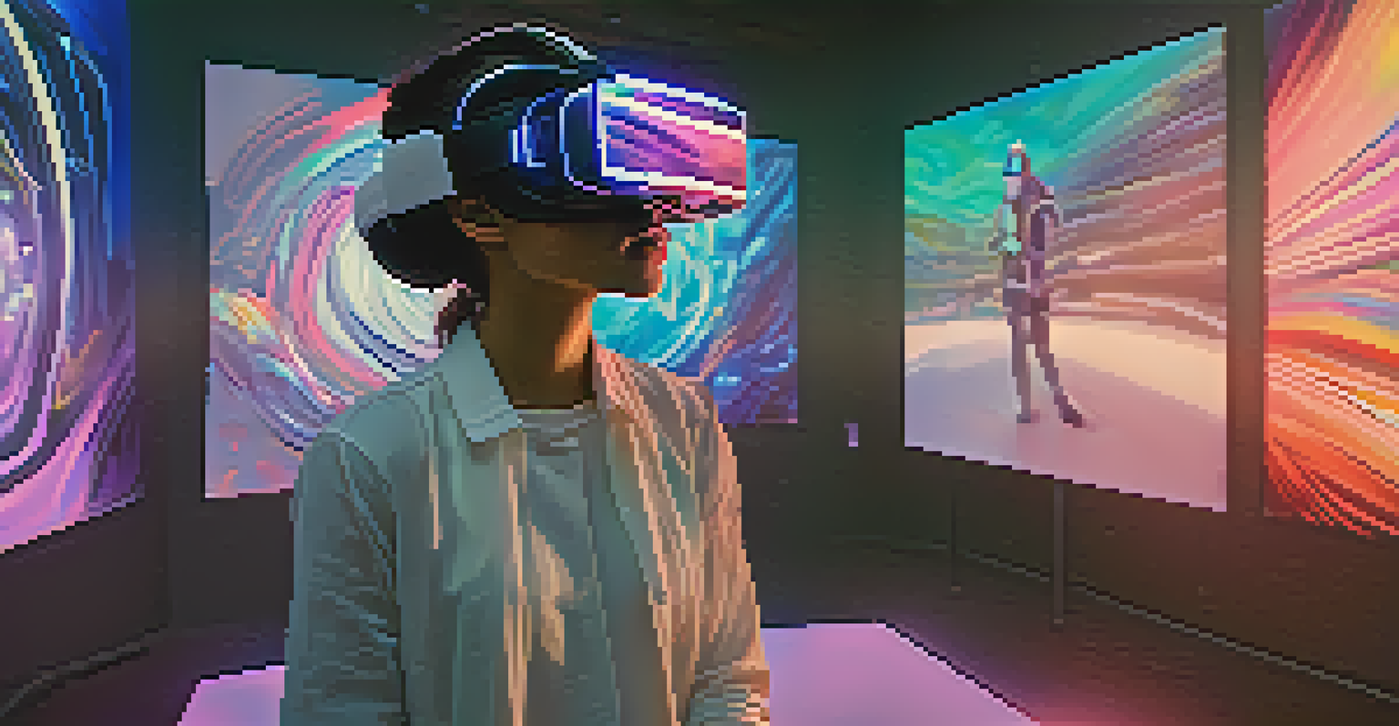 A student in a virtual reality art studio, creating digital art with holographic displays surrounding them.