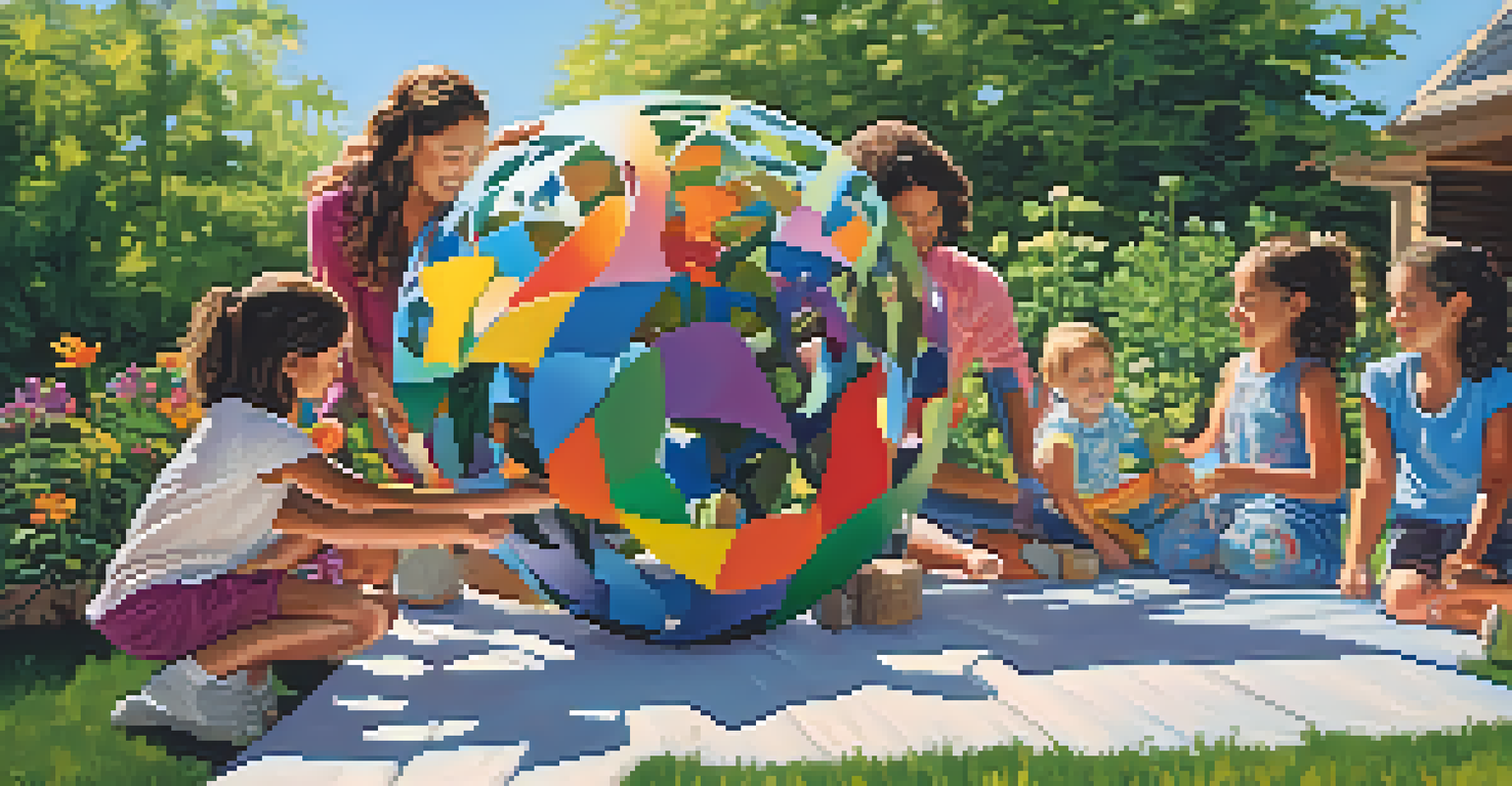 A family working together to create a large sculpture from recycled materials in an outdoor garden setting.