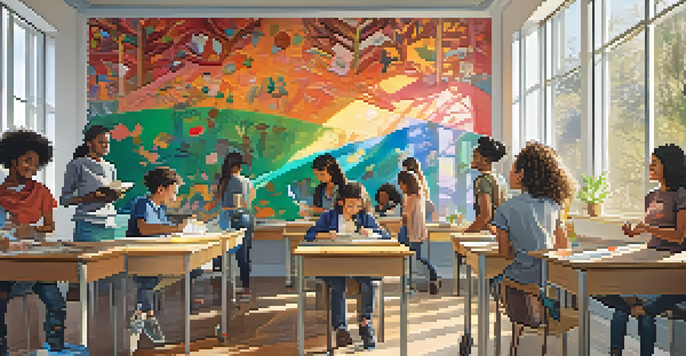 A diverse group of students collaboratively painting a mural in a bright classroom, surrounded by colorful artwork.