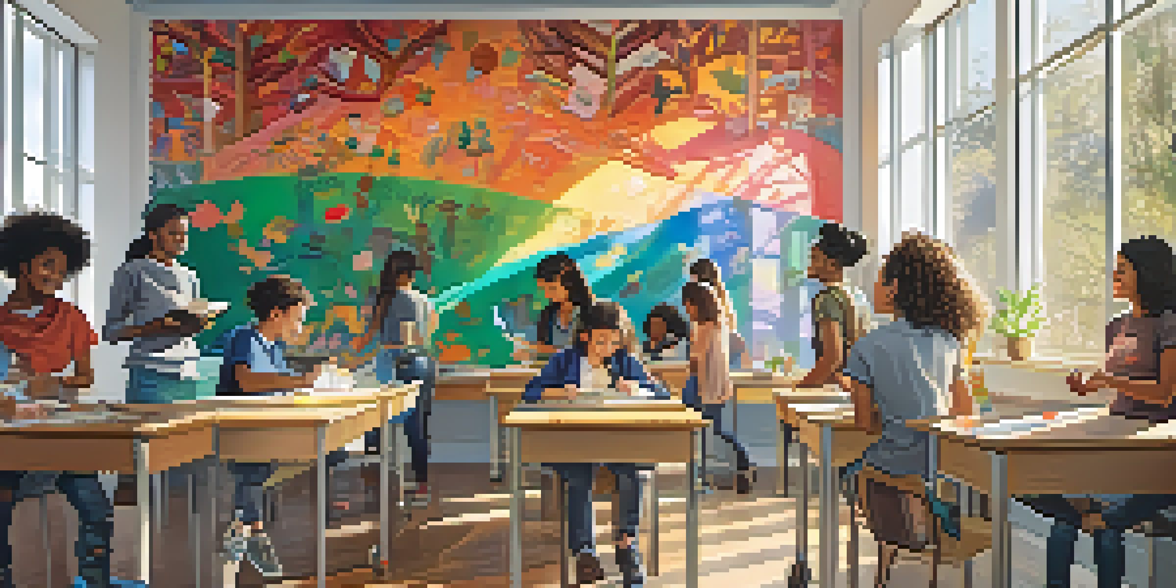 A diverse group of students collaboratively painting a mural in a bright classroom, surrounded by colorful artwork.