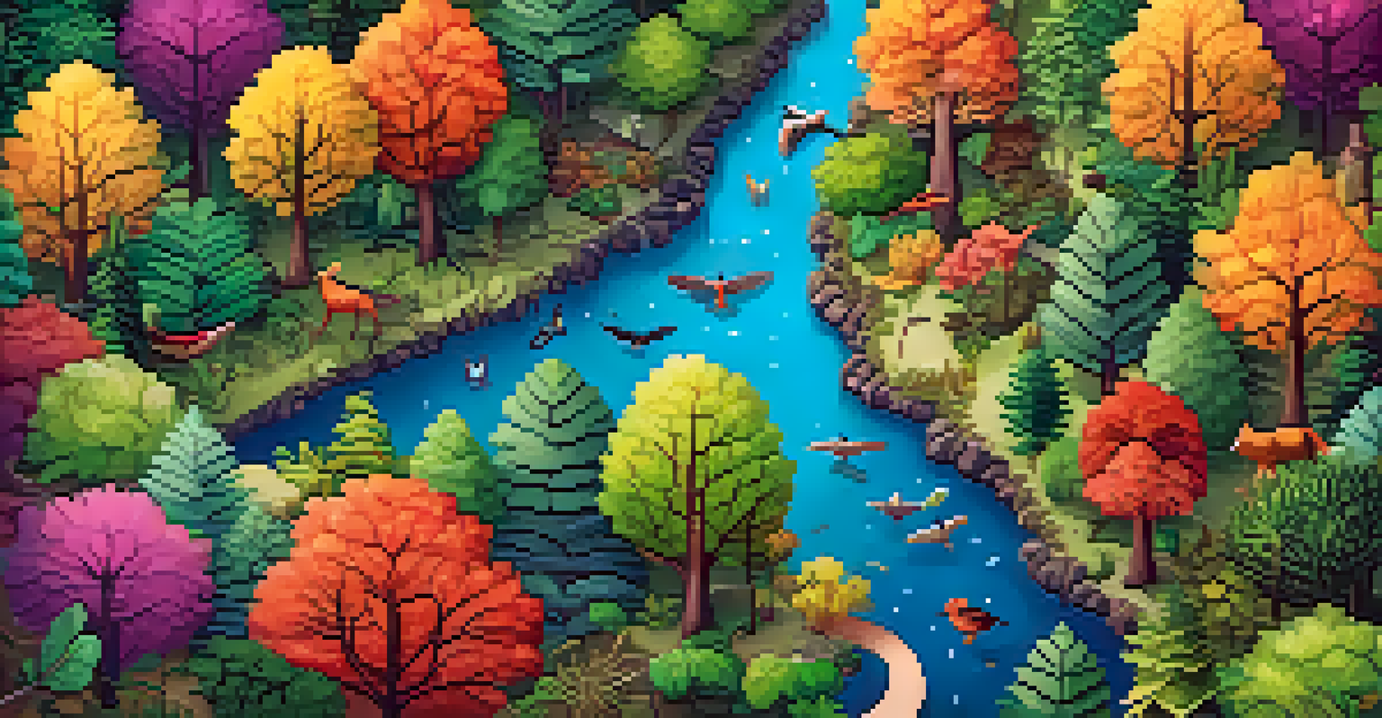 An aerial view of a colorful forest ecosystem filled with diverse trees and wildlife, emphasizing the beauty and importance of biodiversity.