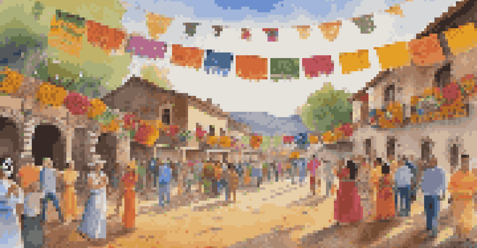 A landscape painting of a Mexican Day of the Dead celebration, featuring colorful decorations and families honoring their loved ones.