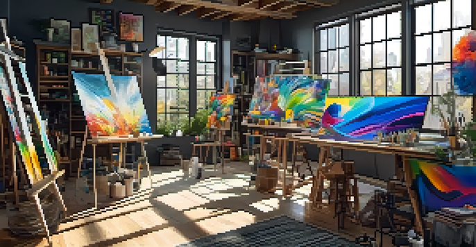 A digital art studio with a colorful abstract artwork on display, illuminated by natural light, surrounded by art tools and materials.