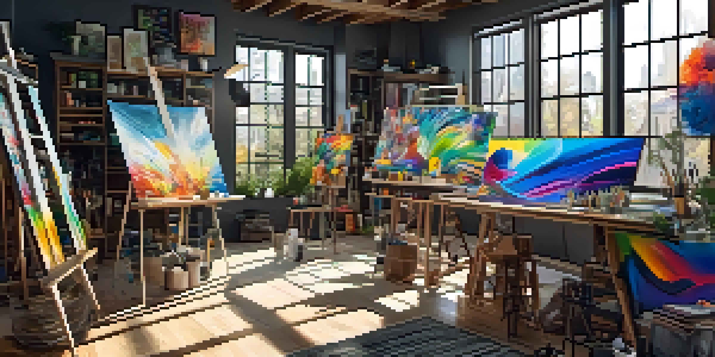 A digital art studio with a colorful abstract artwork on display, illuminated by natural light, surrounded by art tools and materials.