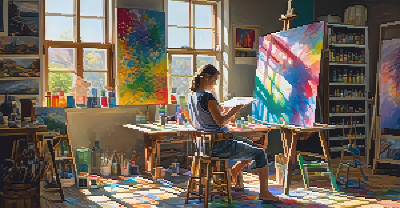 A cozy art studio with a person painting on a large canvas, surrounded by colorful art supplies and sunlight.