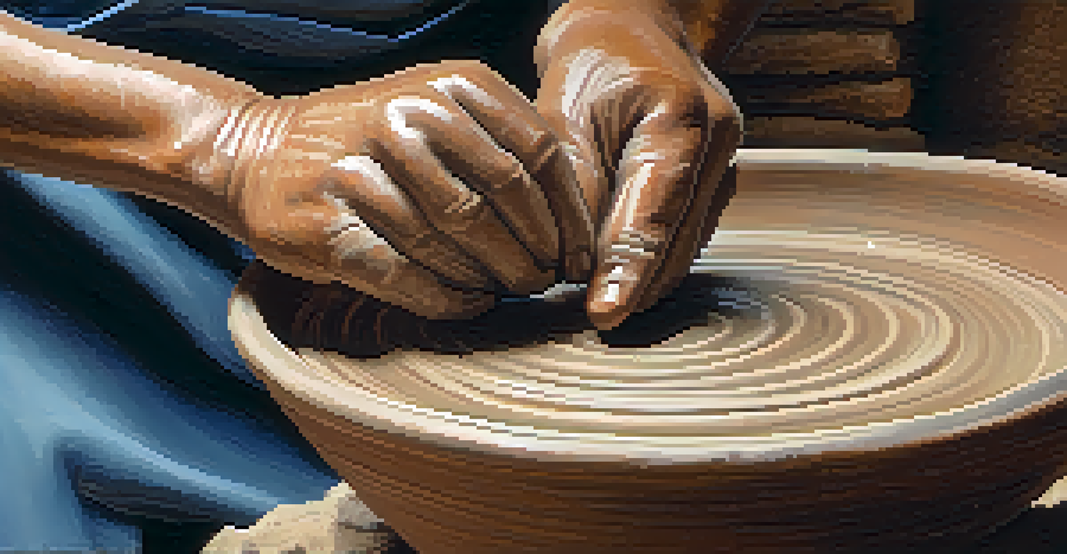 Close-up of a potter's hands shaping clay on a potter's wheel, with soft lighting highlighting the details.