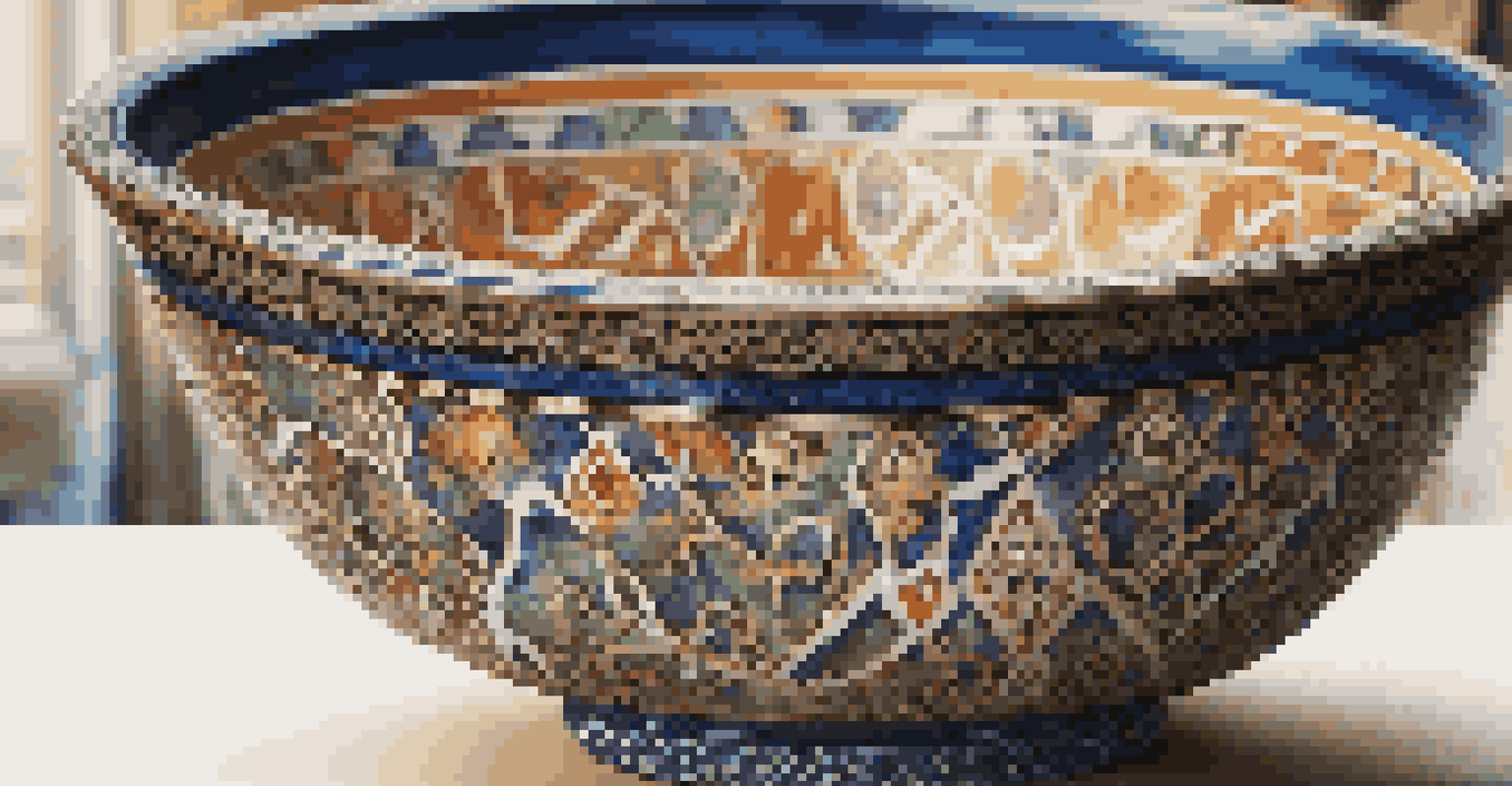 An ornate Persian ceramic bowl with intricate patterns placed on textured fabric, illuminated by natural light.