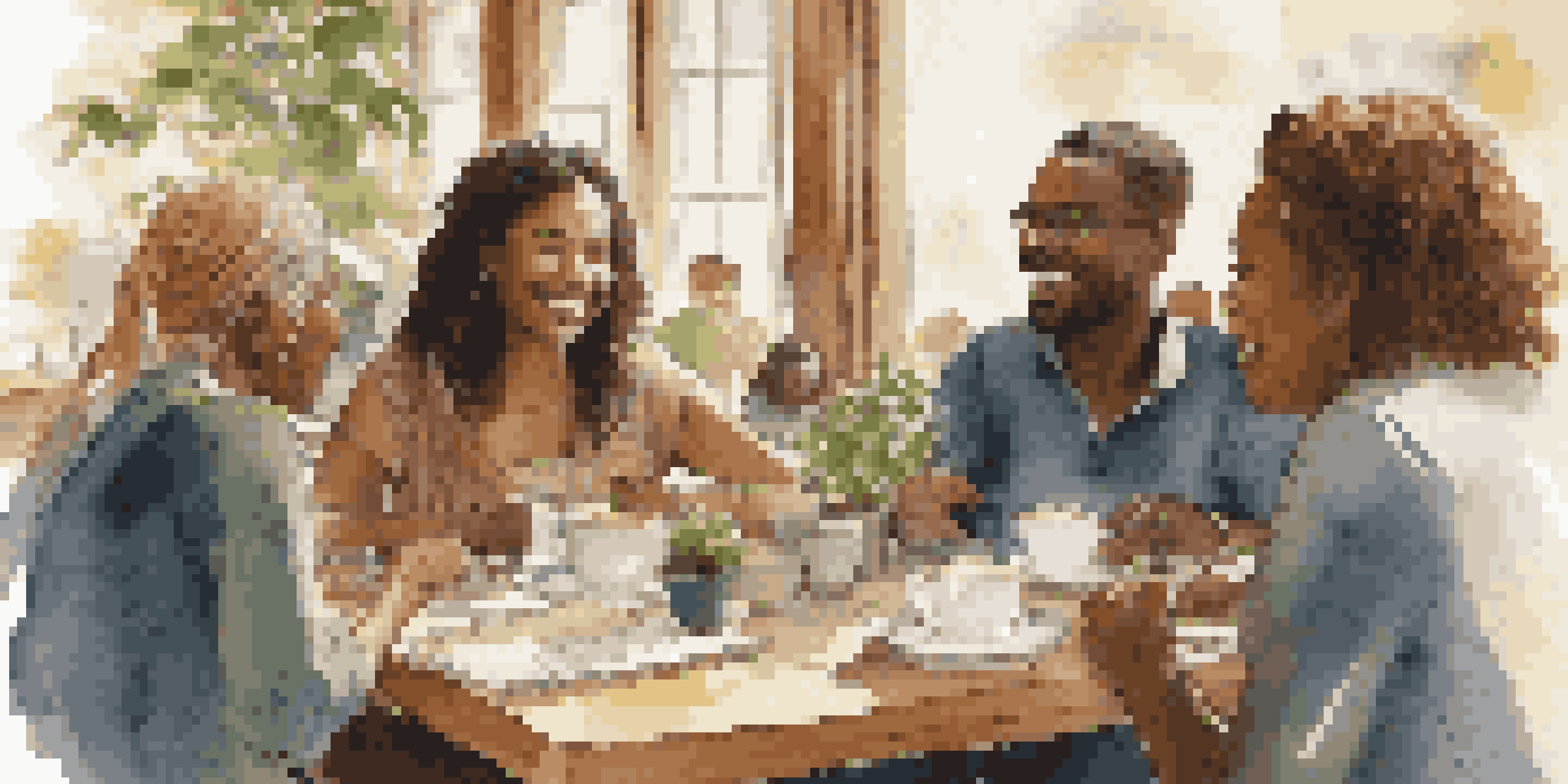 A diverse group of people in a café, having an engaging discussion with expressions of curiosity.