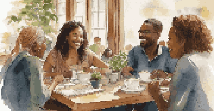 A diverse group of people in a café, having an engaging discussion with expressions of curiosity.